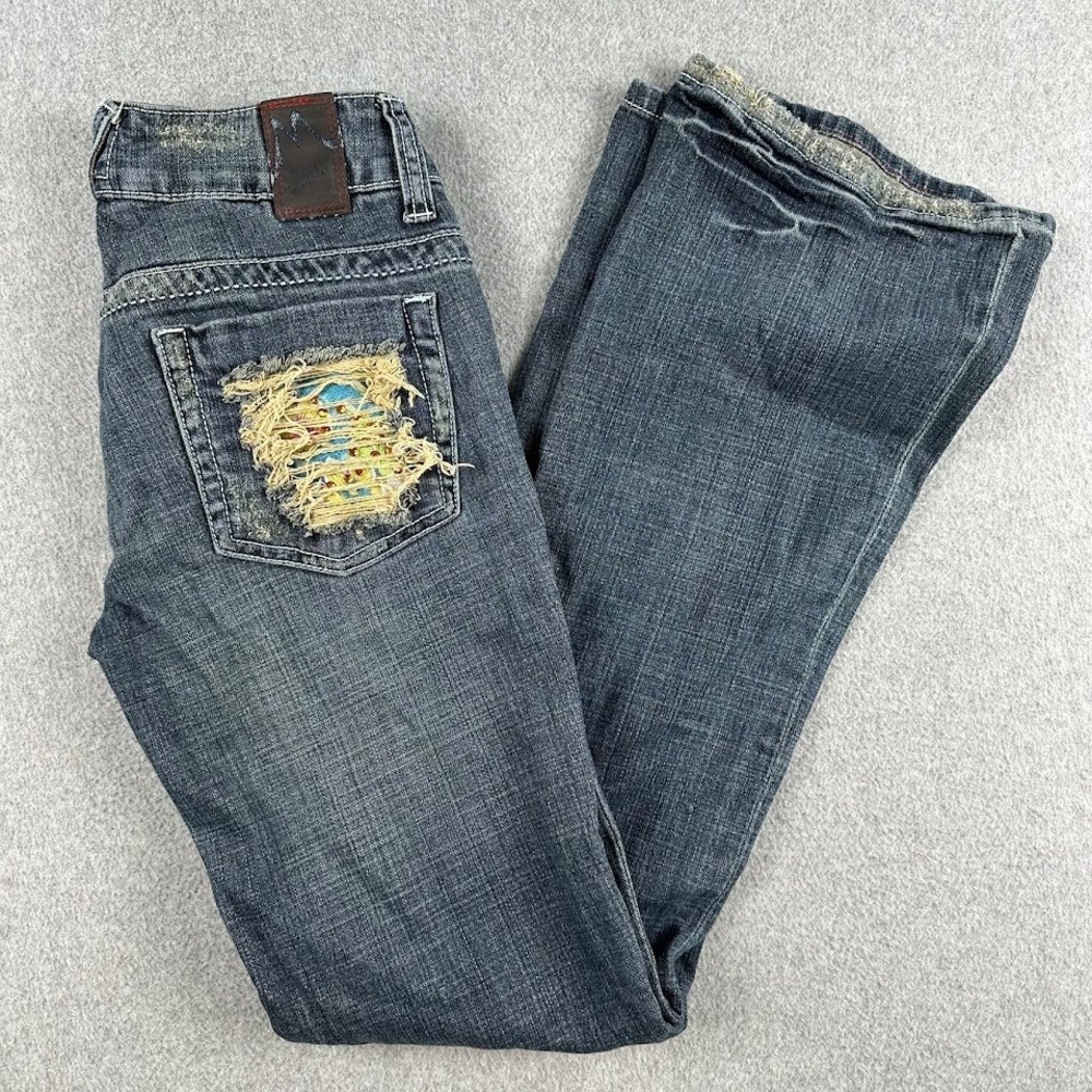 Marlow Women's‎ Jeans Size 26/3 Dark Wash Bootcut Distressed Embellished Pockets